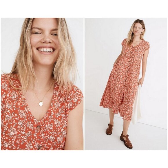 💕MADEWELL💕 Button Front Midi Dress ~ Piazza Floral Print Orange White ~ Small - Picture 1 of 15